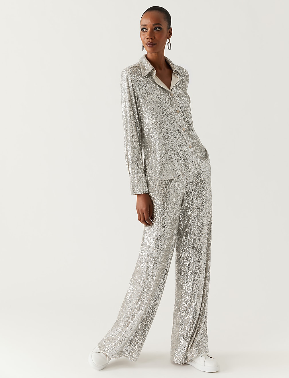 Sequin Collared Long Sleeve Shirt
