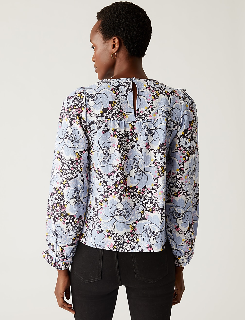 Floral Round Neck Shirred Blouse
