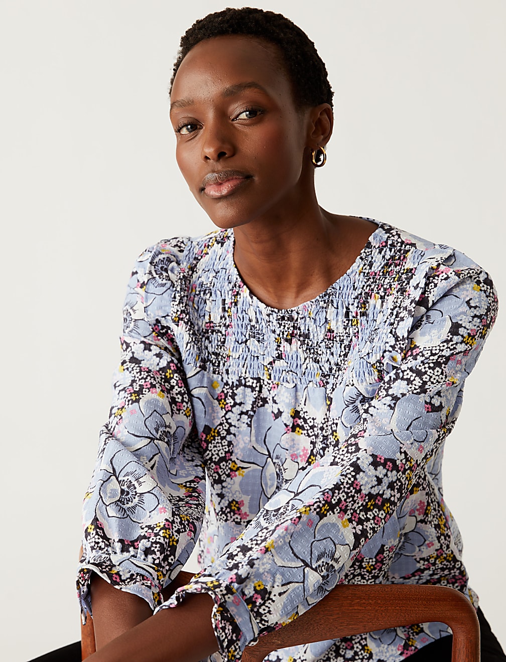 Floral Round Neck Shirred Blouse