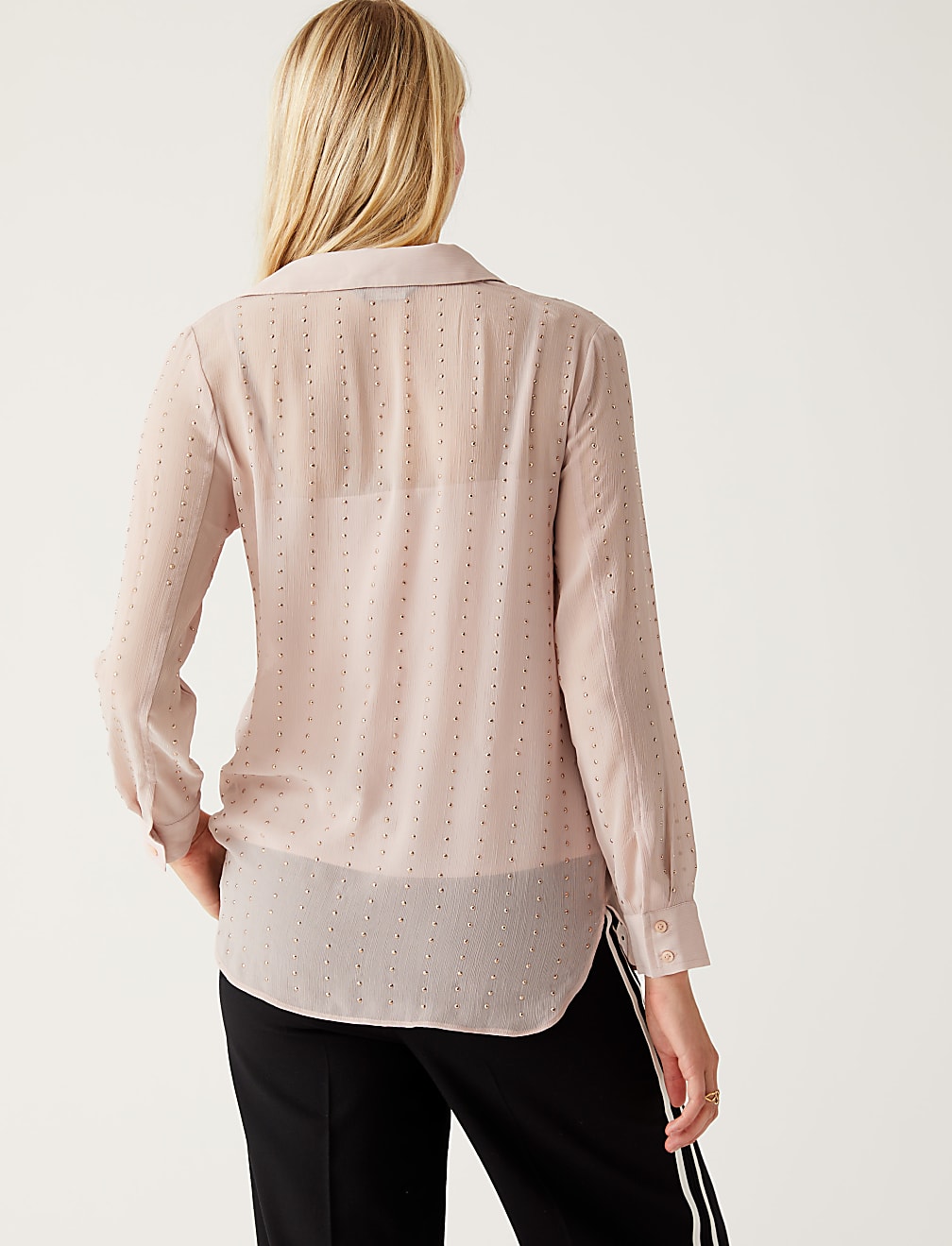 Sheer Studded Collared Long Sleeve Shirt