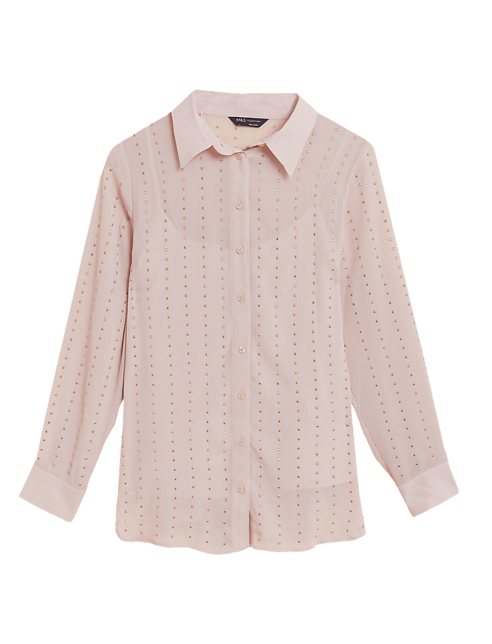Sheer Studded Collared Long Sleeve Shirt