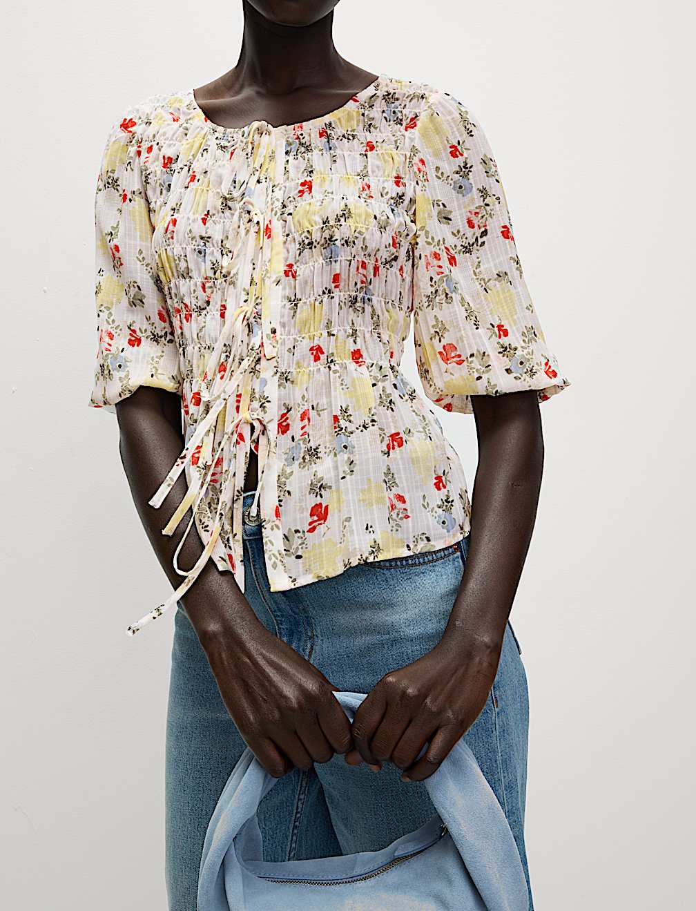 Printed Shirred Tie Detail Puff Sleeve Blouse