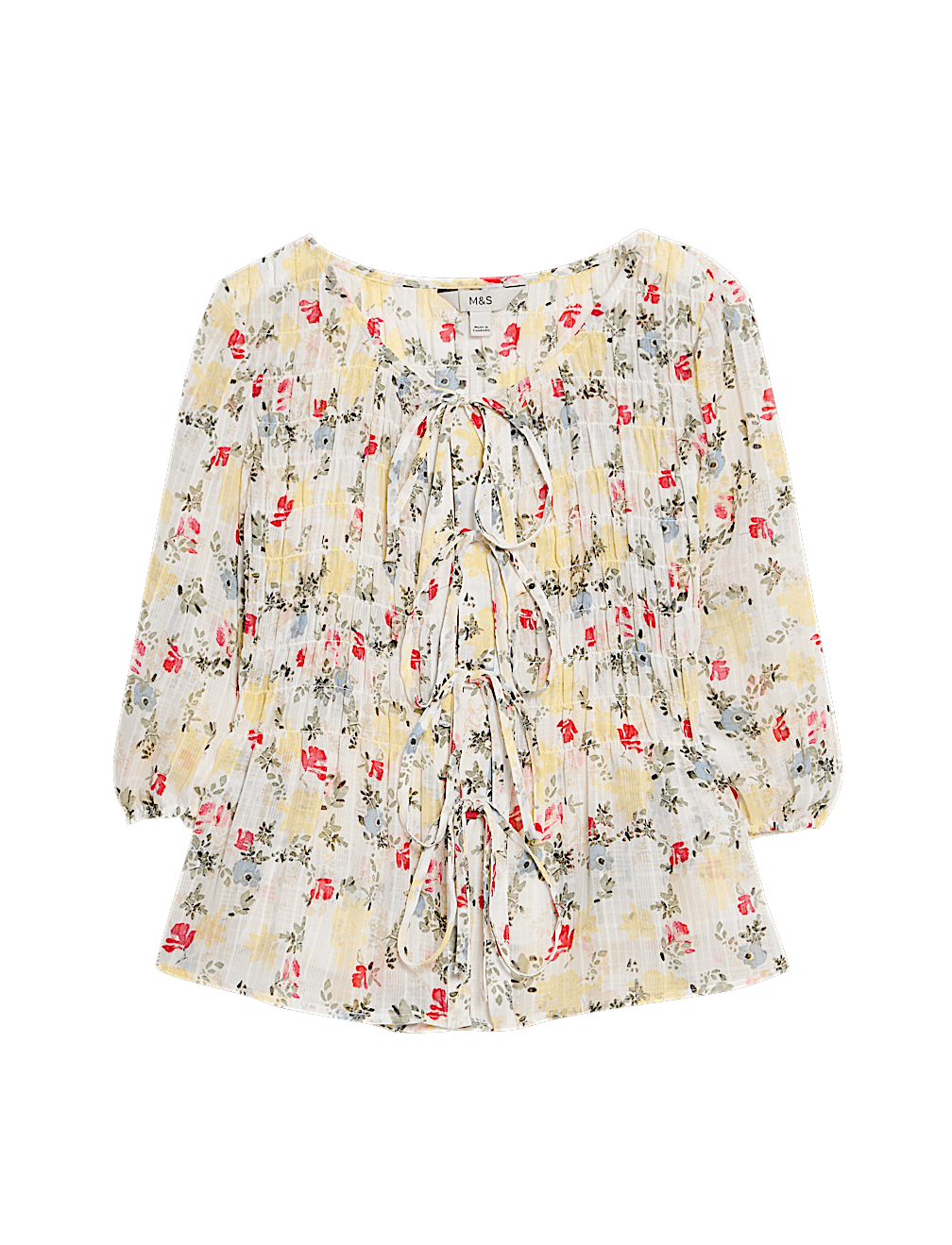 Printed Shirred Tie Detail Puff Sleeve Blouse