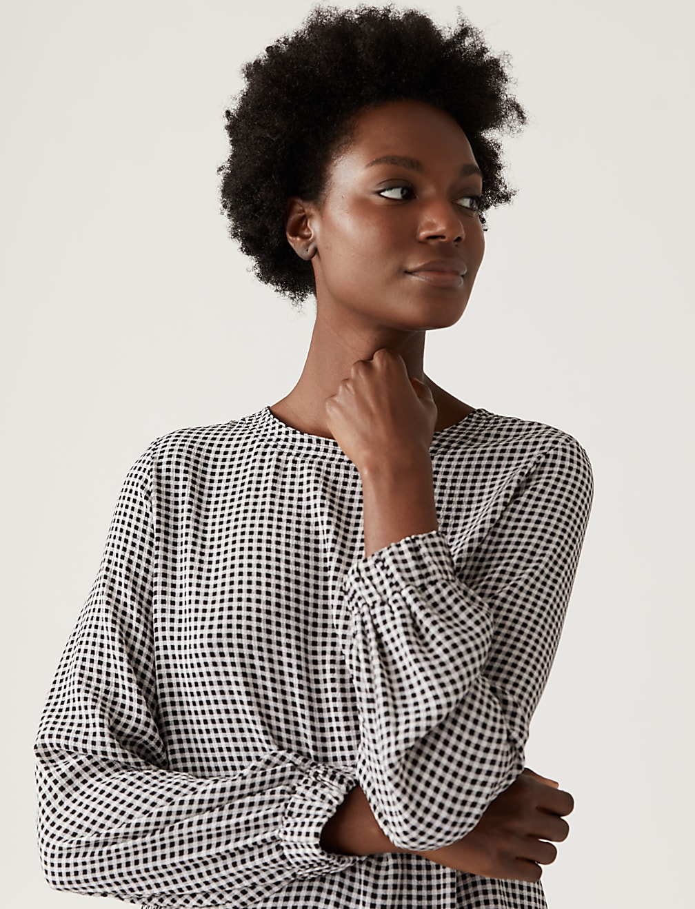 Gingham Round Neck Long Sleeve Top