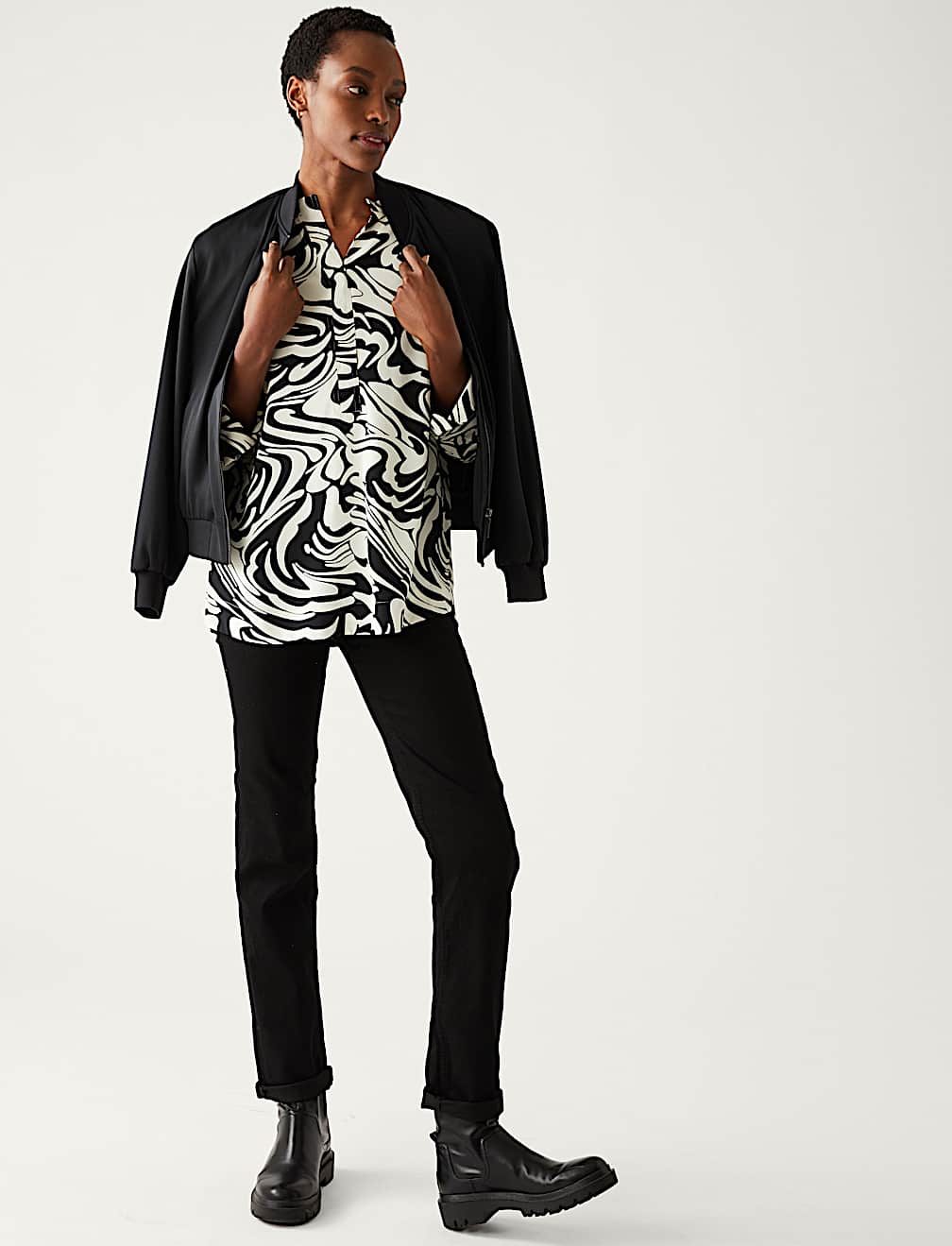 Printed V-Neck Oversized Popover Blouse