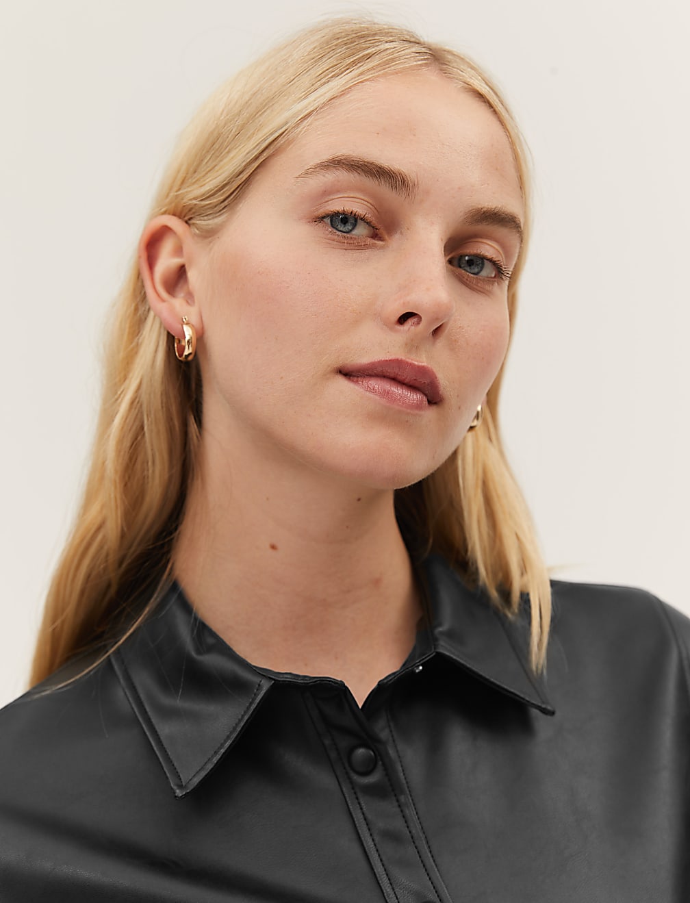 Faux Leather Collared Long Sleeve Shirt
