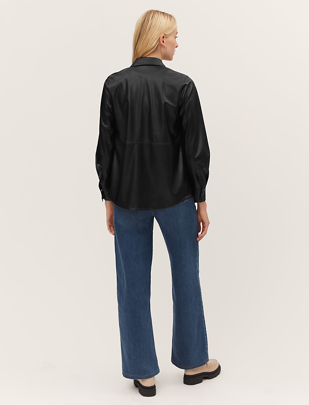 Faux Leather Collared Long Sleeve Shirt