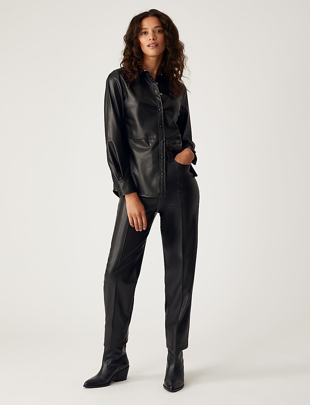 Faux Leather Collared Long Sleeve Shirt