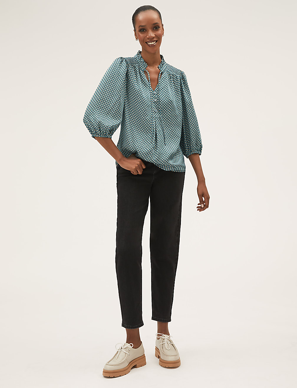 Geometric Tie Neck 3/4 Sleeve Blouse