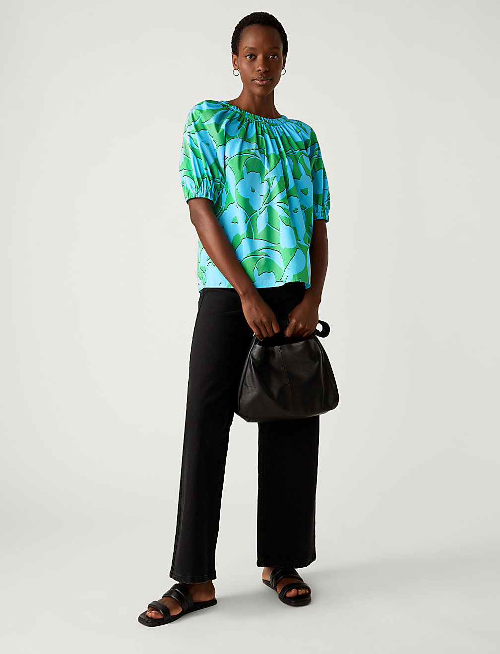 Pure Cotton Printed Blouson Sleeve Blouse