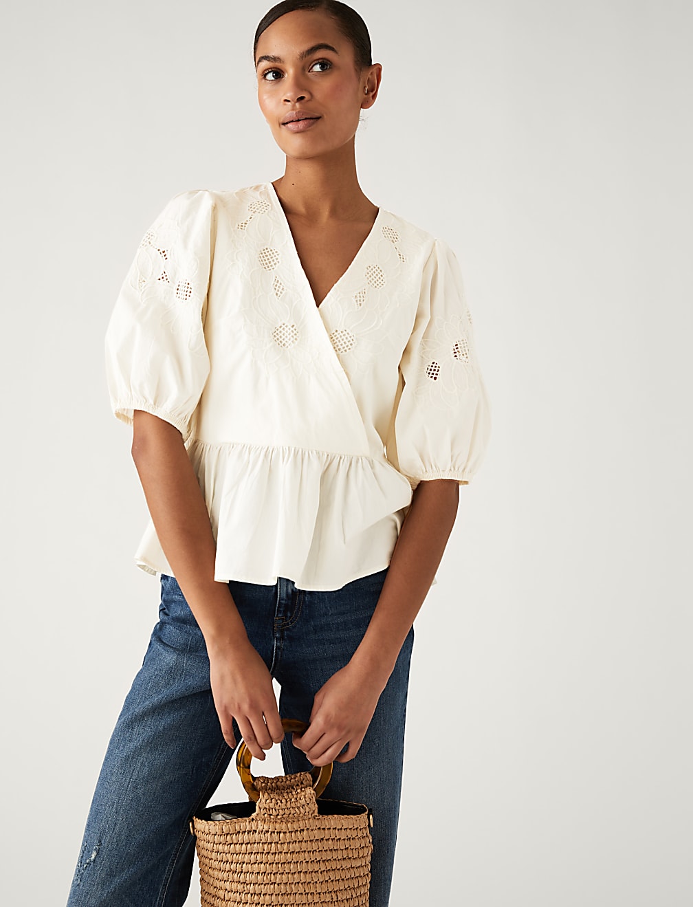 Pure Cotton Embroidered Puff Sleeve Blouse