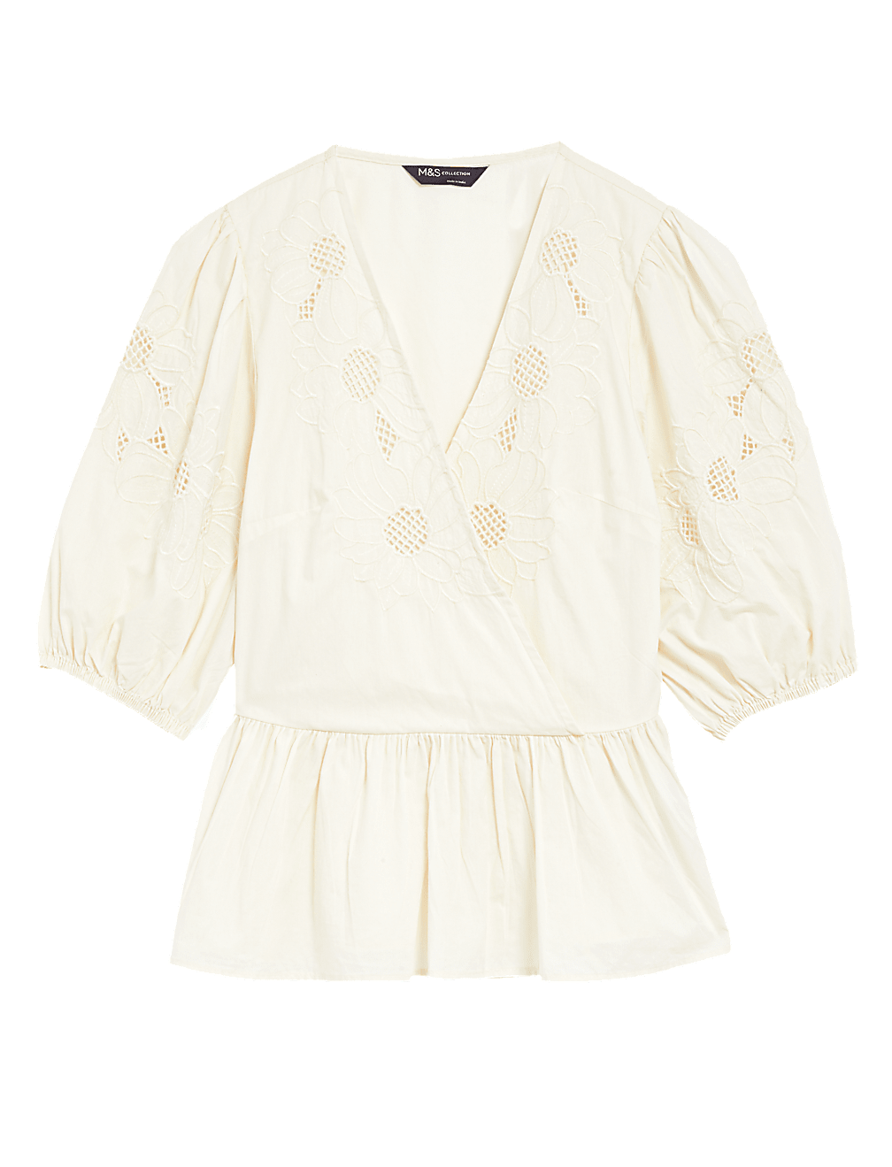 Pure Cotton Embroidered Puff Sleeve Blouse