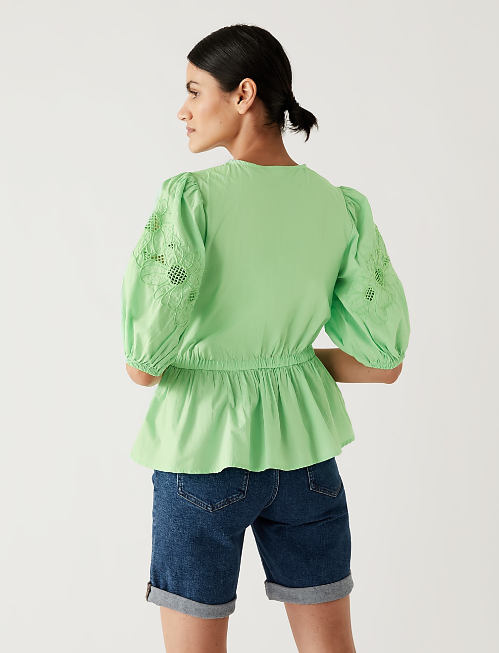 Pure Cotton Embroidered Puff Sleeve Blouse