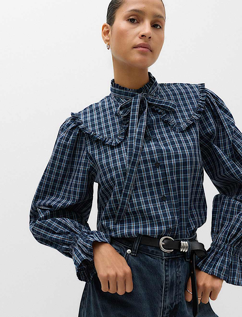 Pure Cotton Checked Tie Neck Shirt