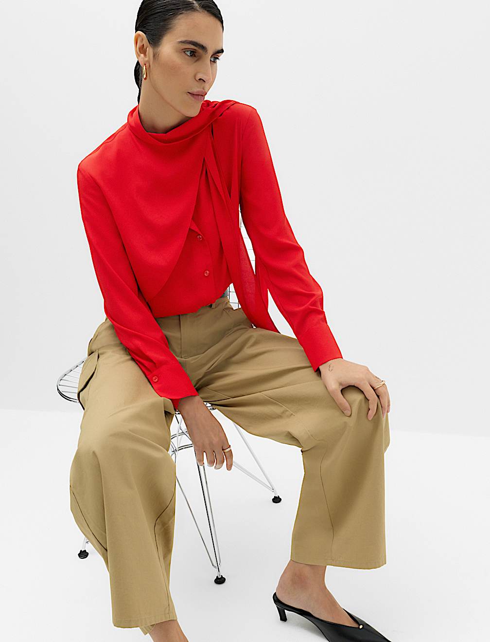 Draped Scarf Neck Button Through Shirt
