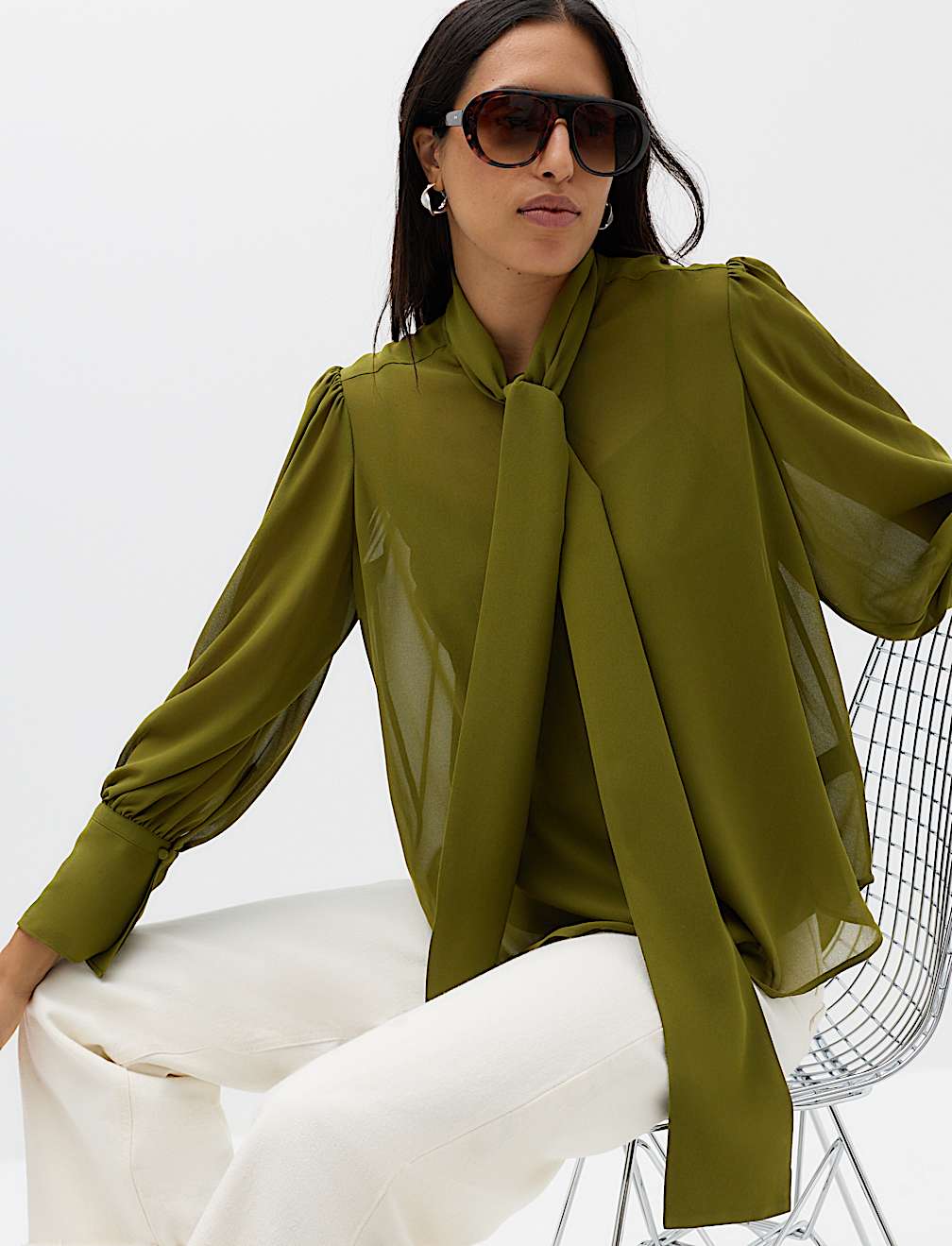 Sheer Tie Neck Bow Blouse