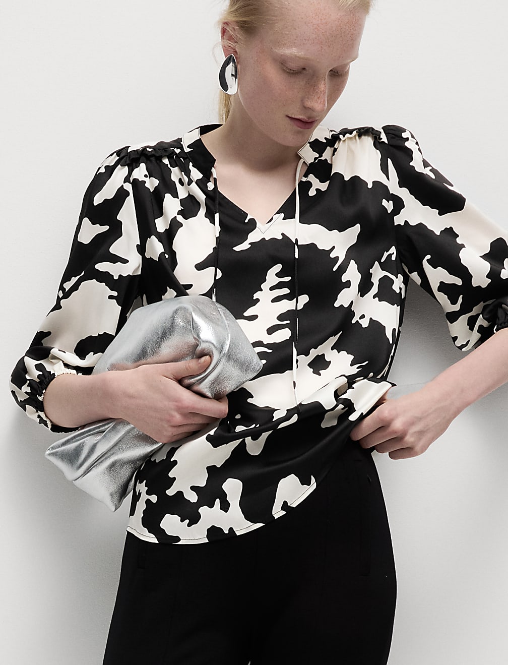 Printed Tie Neck Popover Blouse