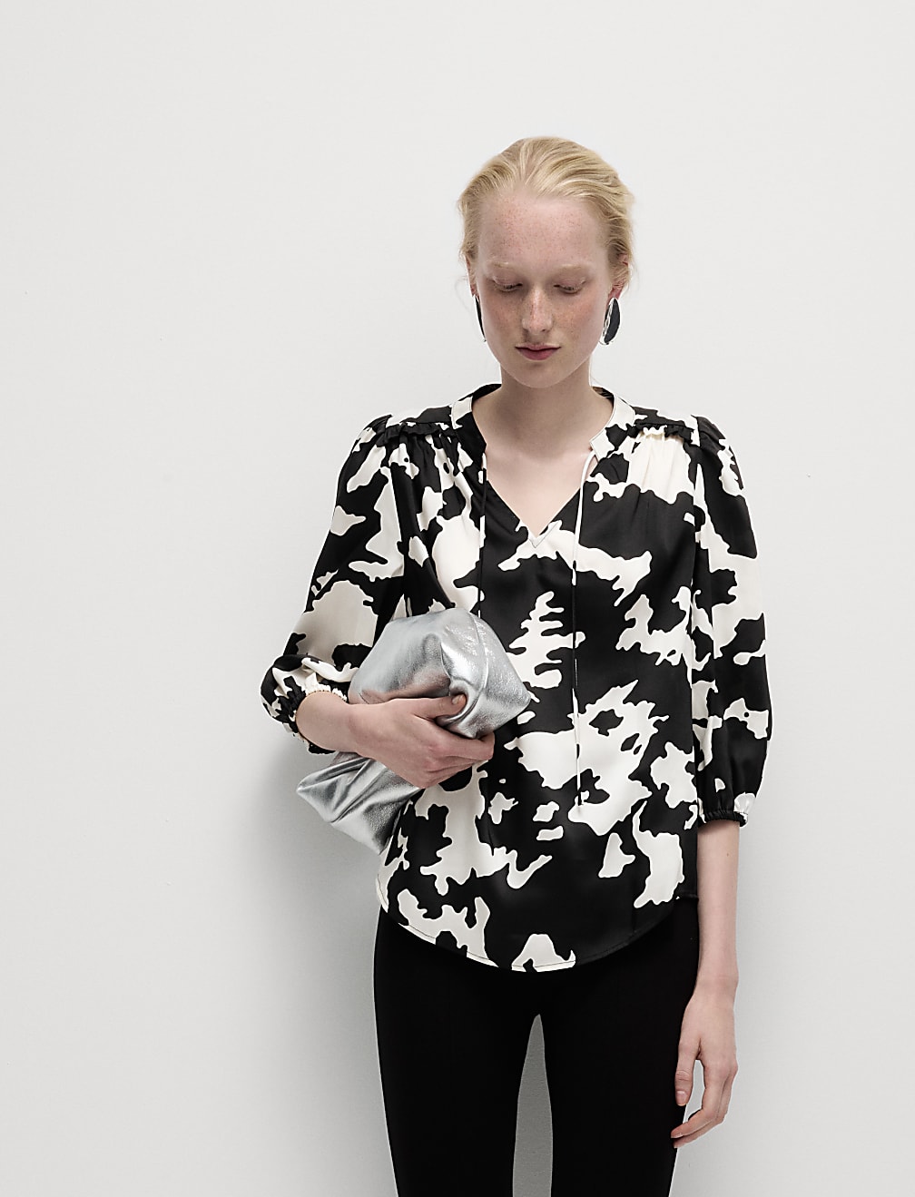 Printed Tie Neck Popover Blouse