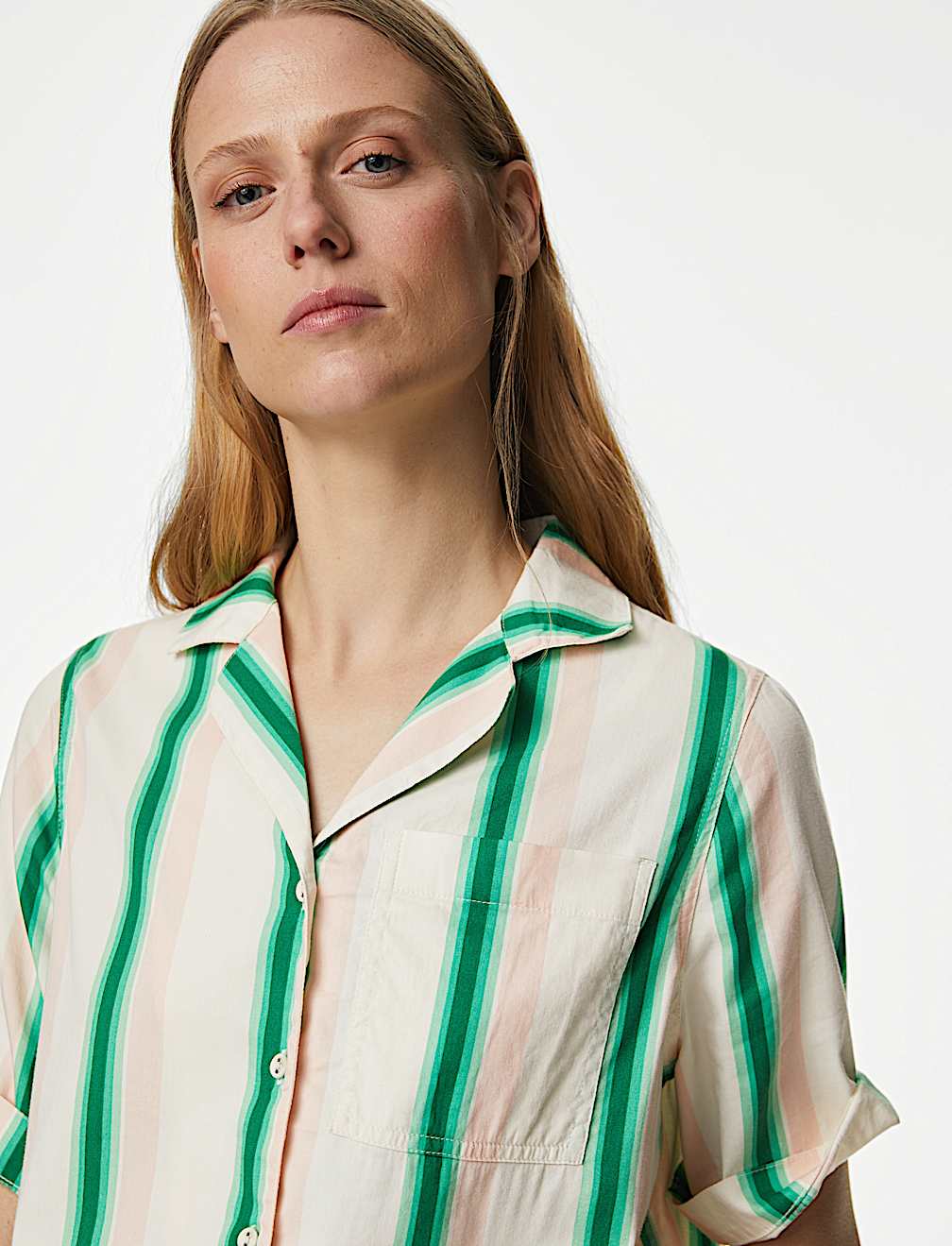Cotton Rich Striped Collared V-Neck Shirt