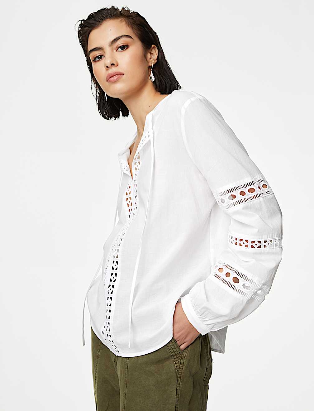 Pure Cotton Broderie Tie Neck Blouse