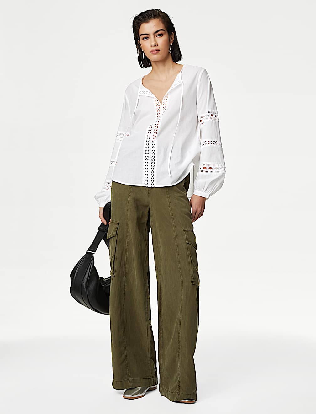 Pure Cotton Broderie Tie Neck Blouse