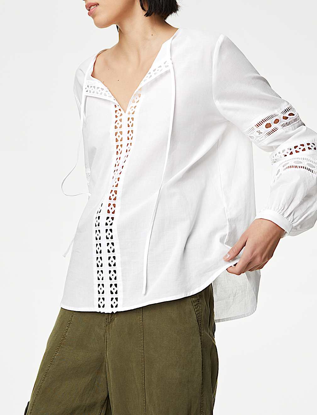 Pure Cotton Broderie Tie Neck Blouse
