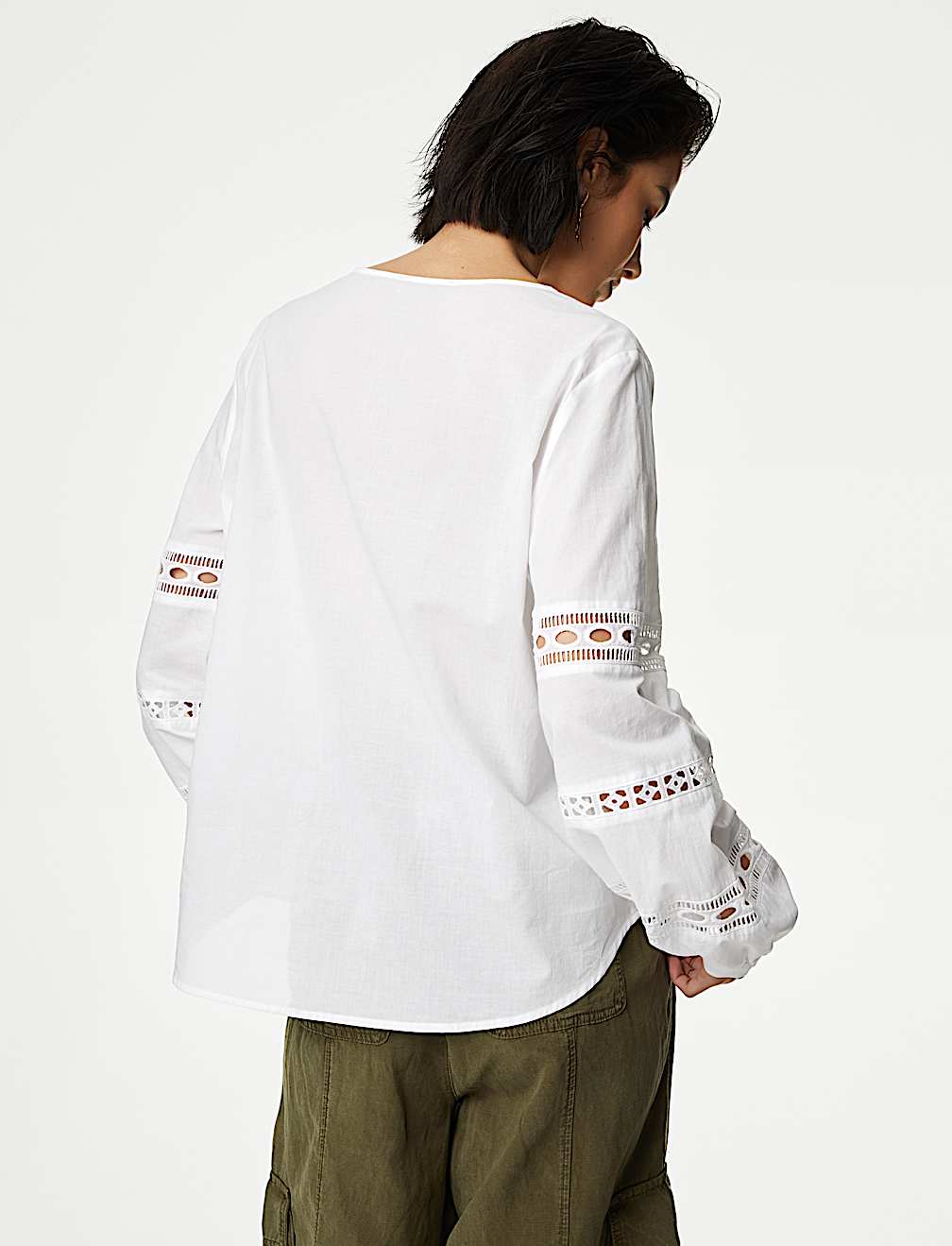 Pure Cotton Broderie Tie Neck Blouse