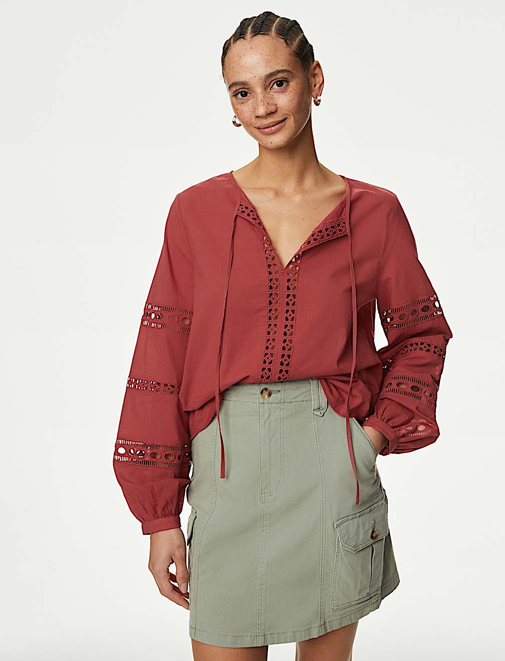 Pure Cotton Broderie Tie Neck Blouse