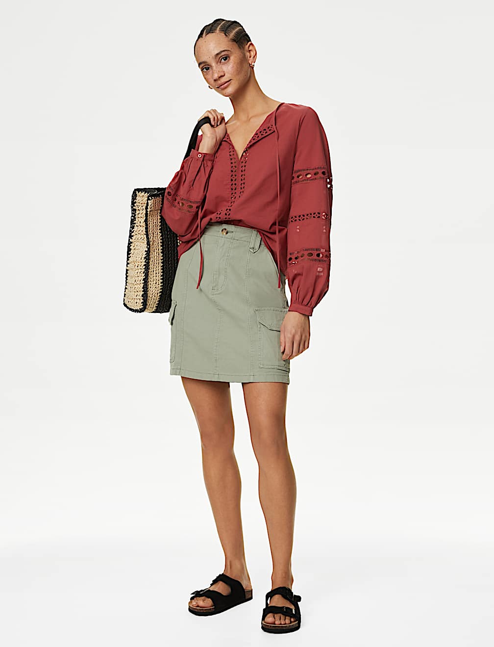 Pure Cotton Broderie Tie Neck Blouse