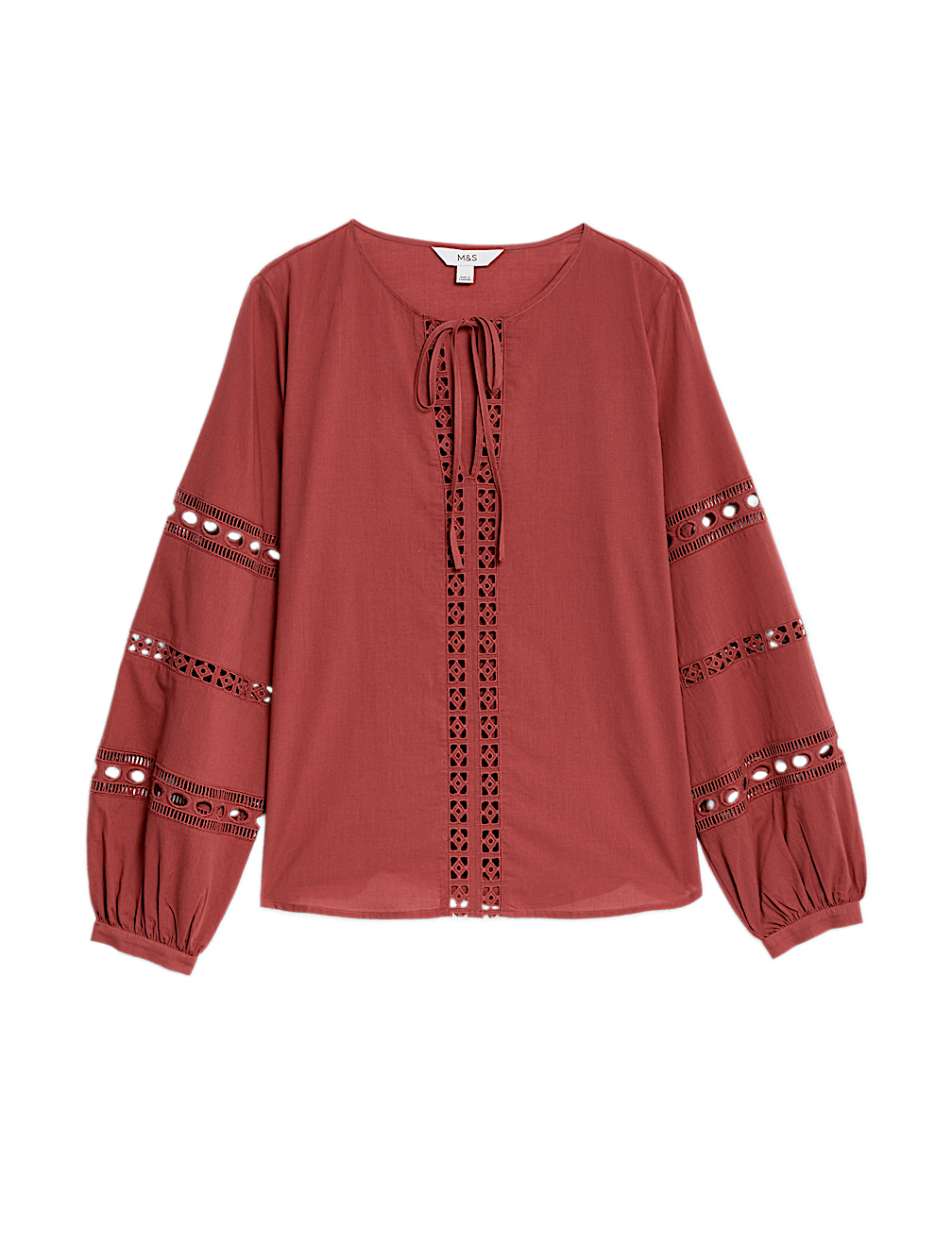 Pure Cotton Broderie Tie Neck Blouse