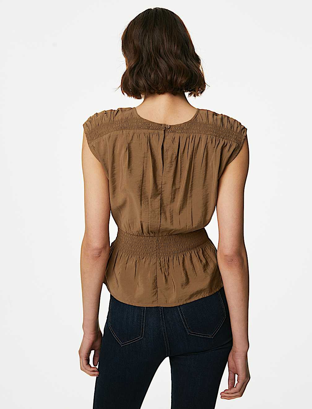 Crew Neck Smocked Shirred Detail Blouse