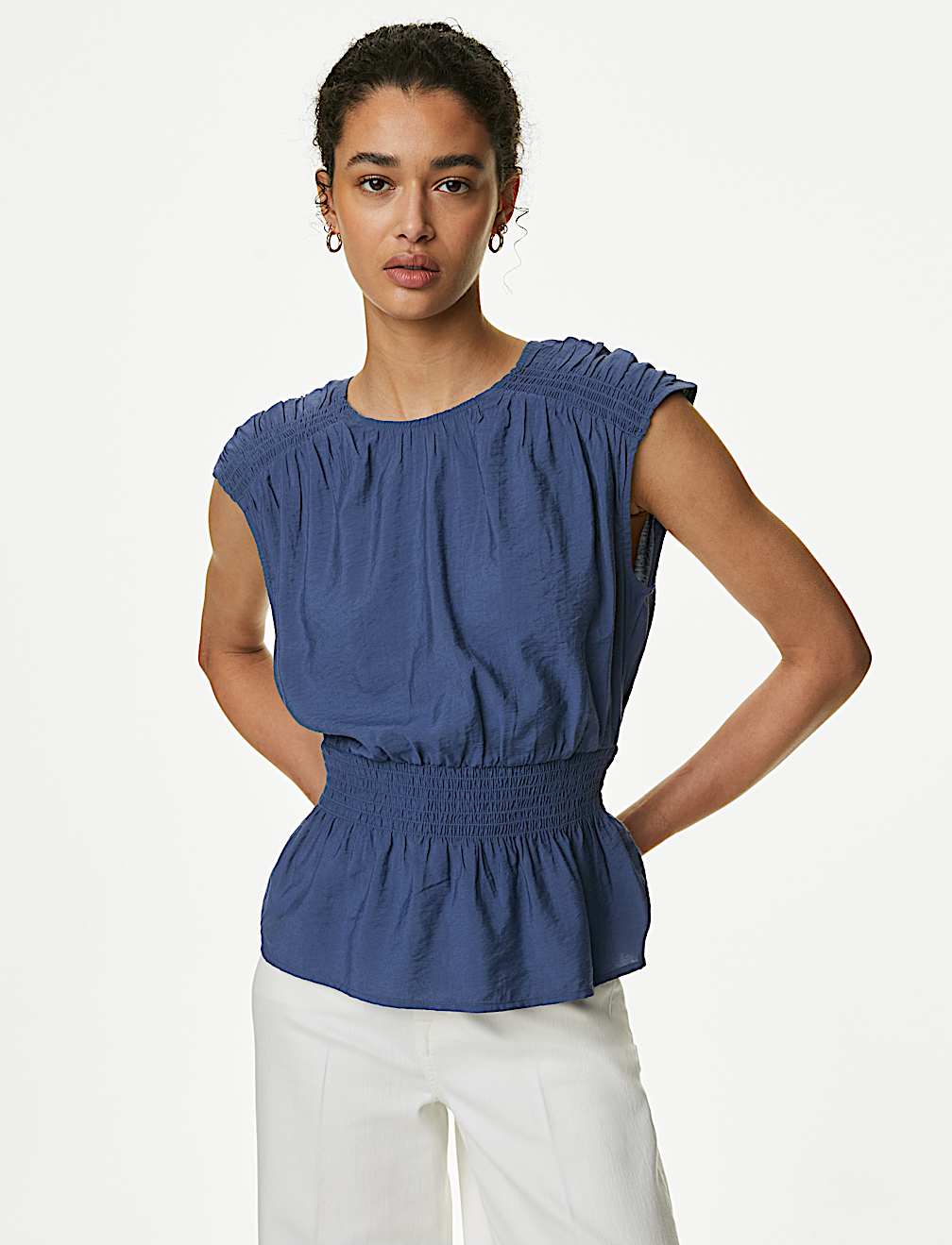 Crew Neck Smocked Shirred Detail Blouse