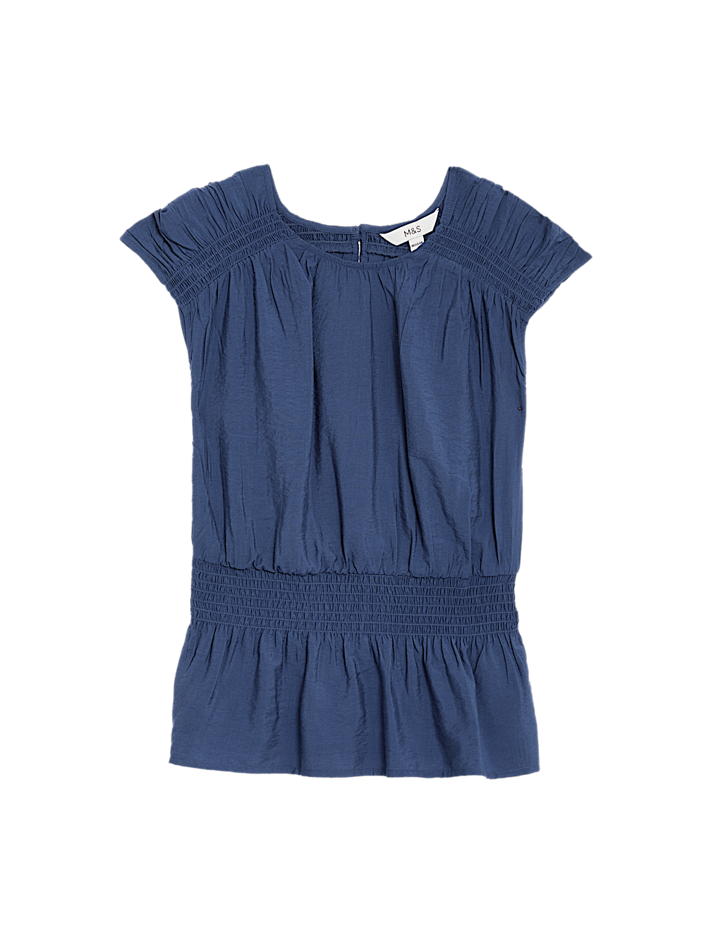 Crew Neck Smocked Shirred Detail Blouse