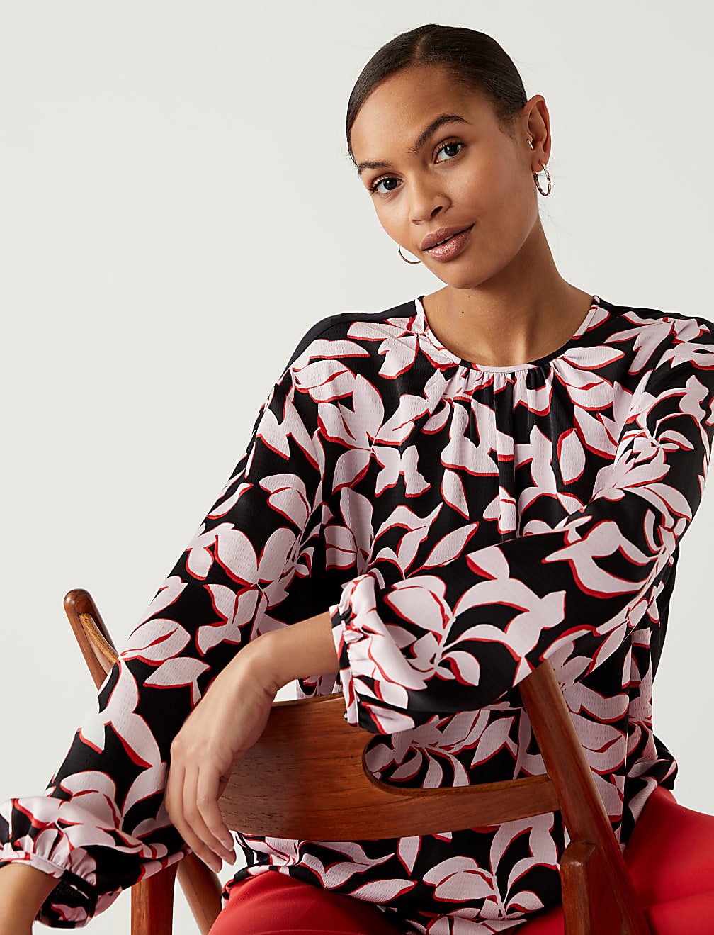 Leaf Print Gathered Neck Blouson Sleeve Top