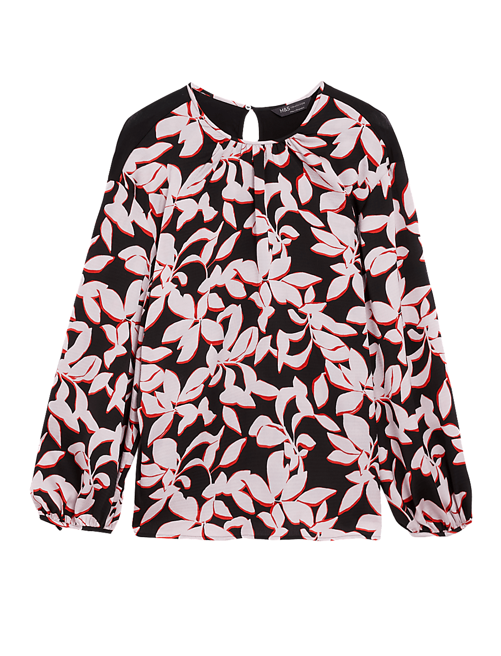 Leaf Print Gathered Neck Blouson Sleeve Top