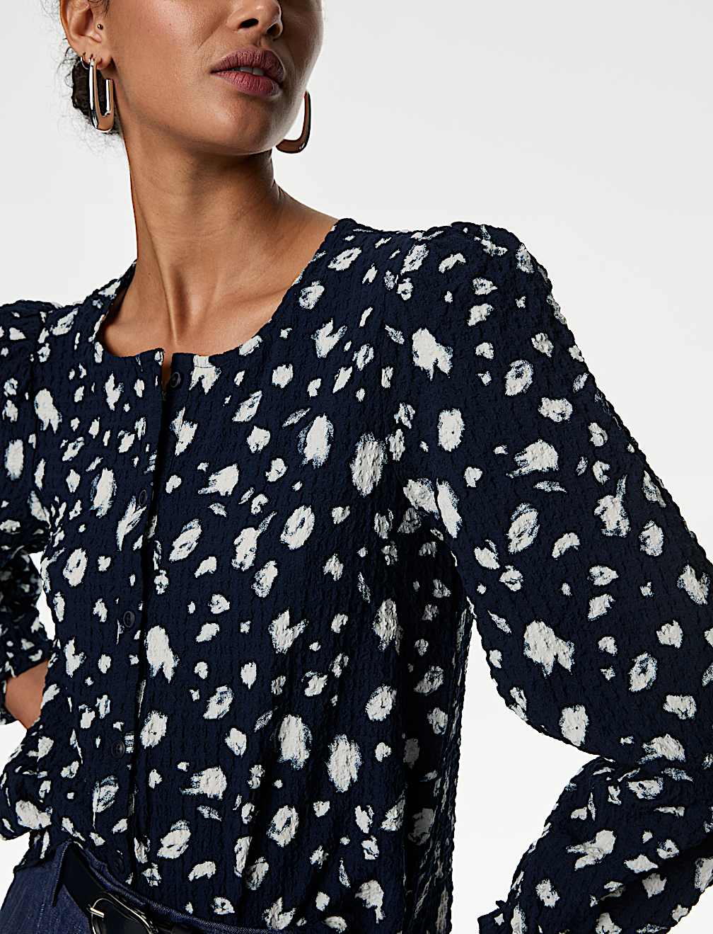Printed Crew Neck Button Through Blouse