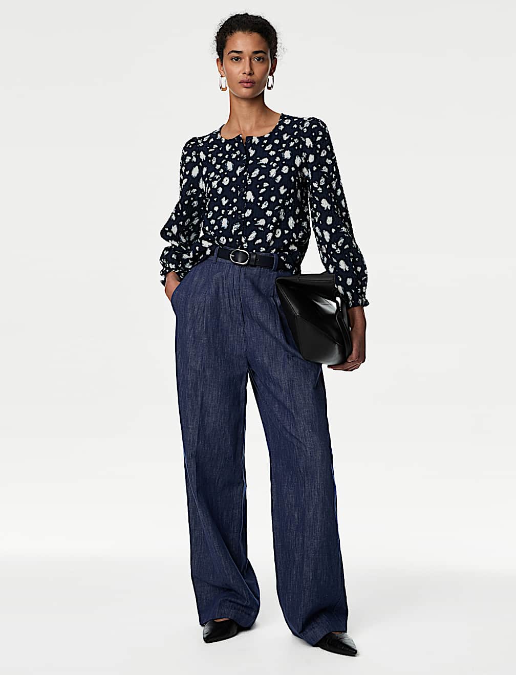 Printed Crew Neck Button Through Blouse