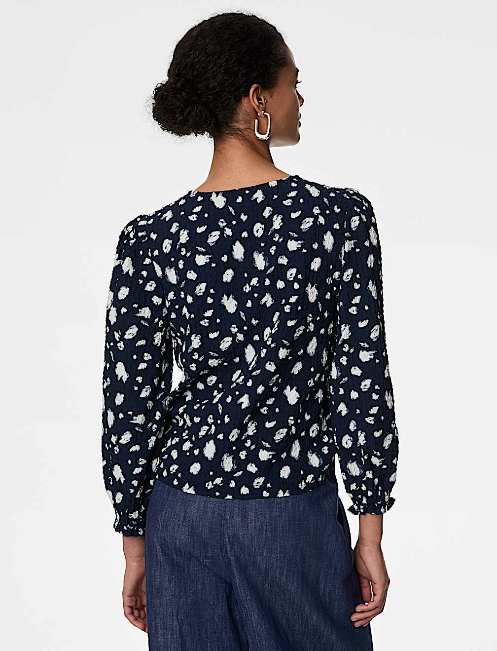 Printed Crew Neck Button Through Blouse