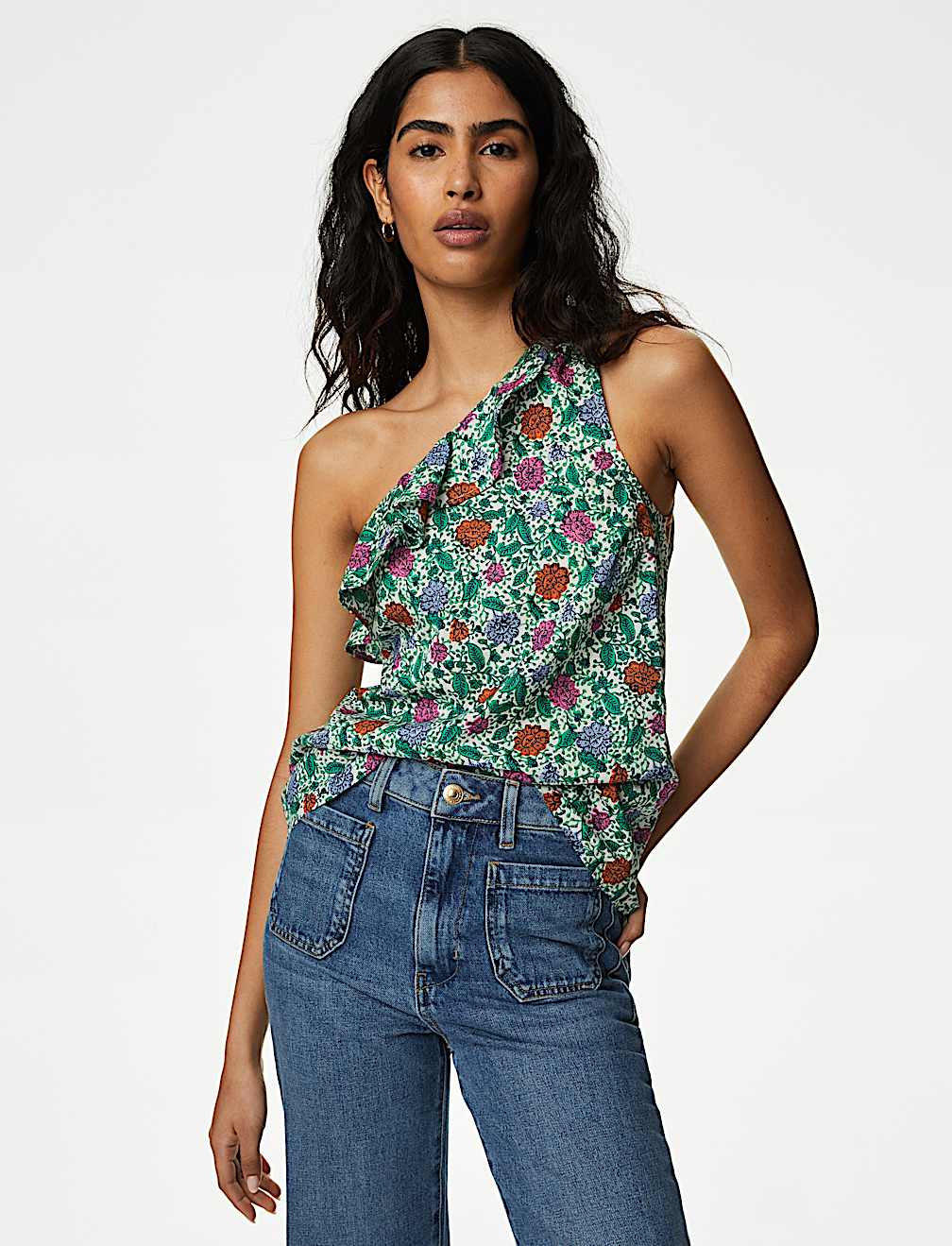 Pure Cotton Frill Detail One Shoulder Top