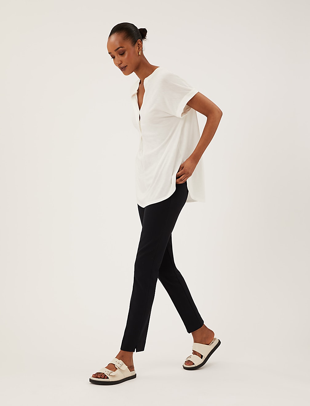 Jersey V-Neck Short Sleeve Popover Blouse