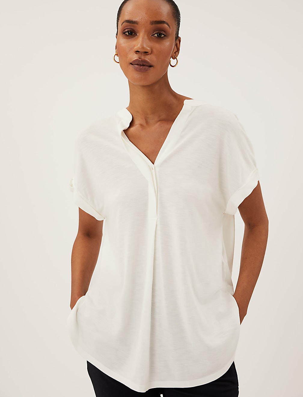 Jersey V-Neck Short Sleeve Popover Blouse