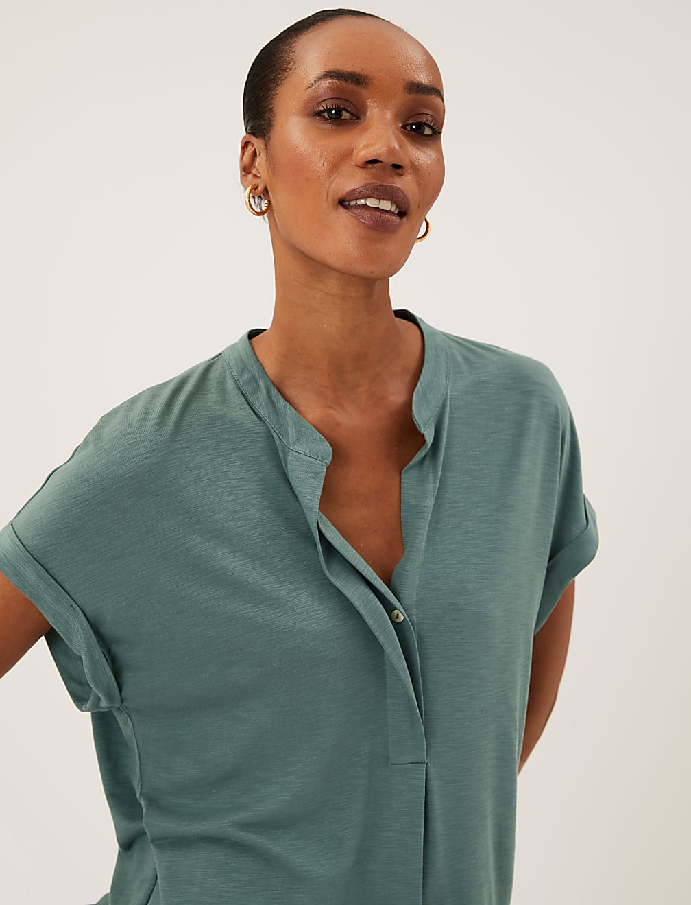 Jersey V-Neck Short Sleeve Popover Blouse