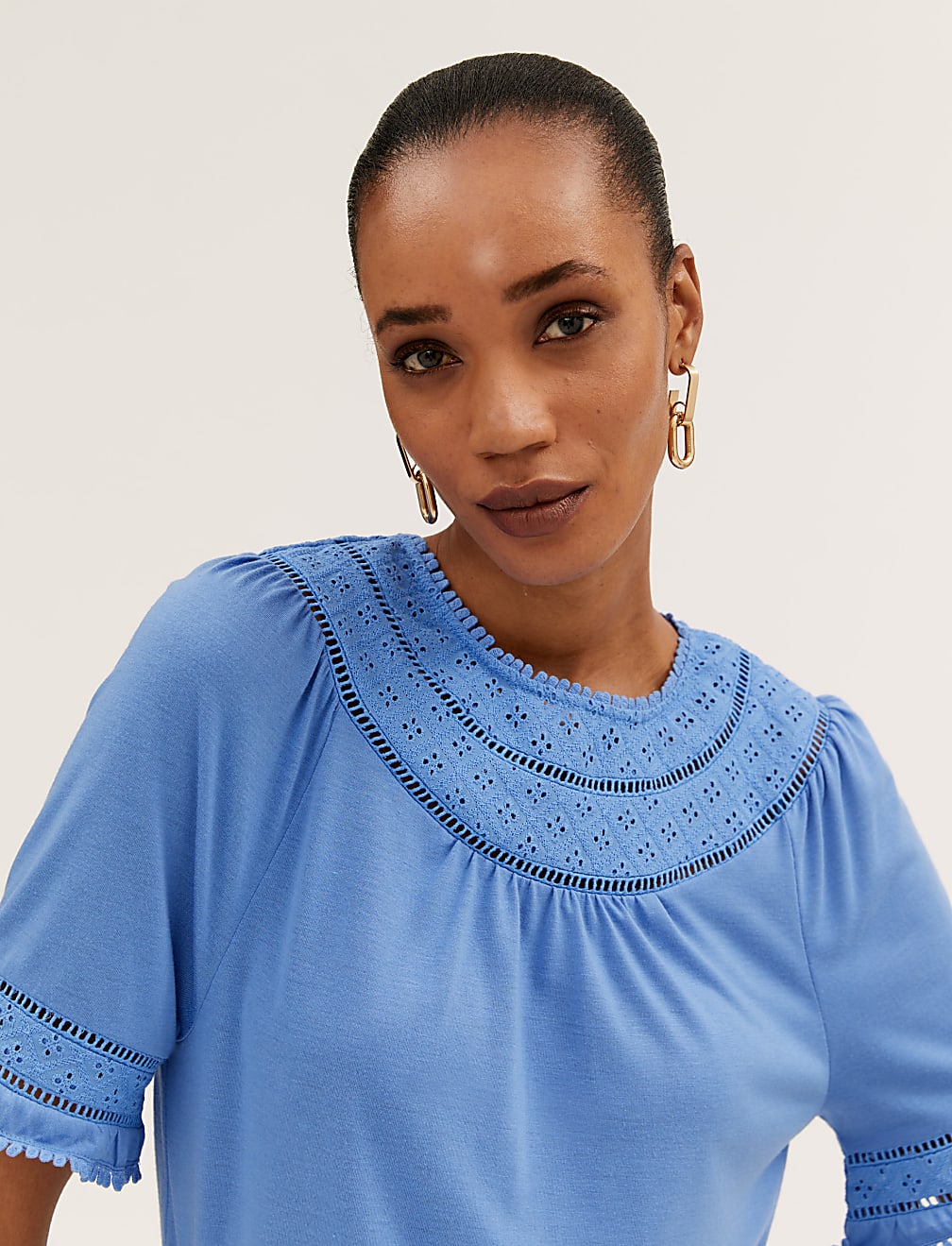 Regular Fit Lace Insert Short Sleeve Top