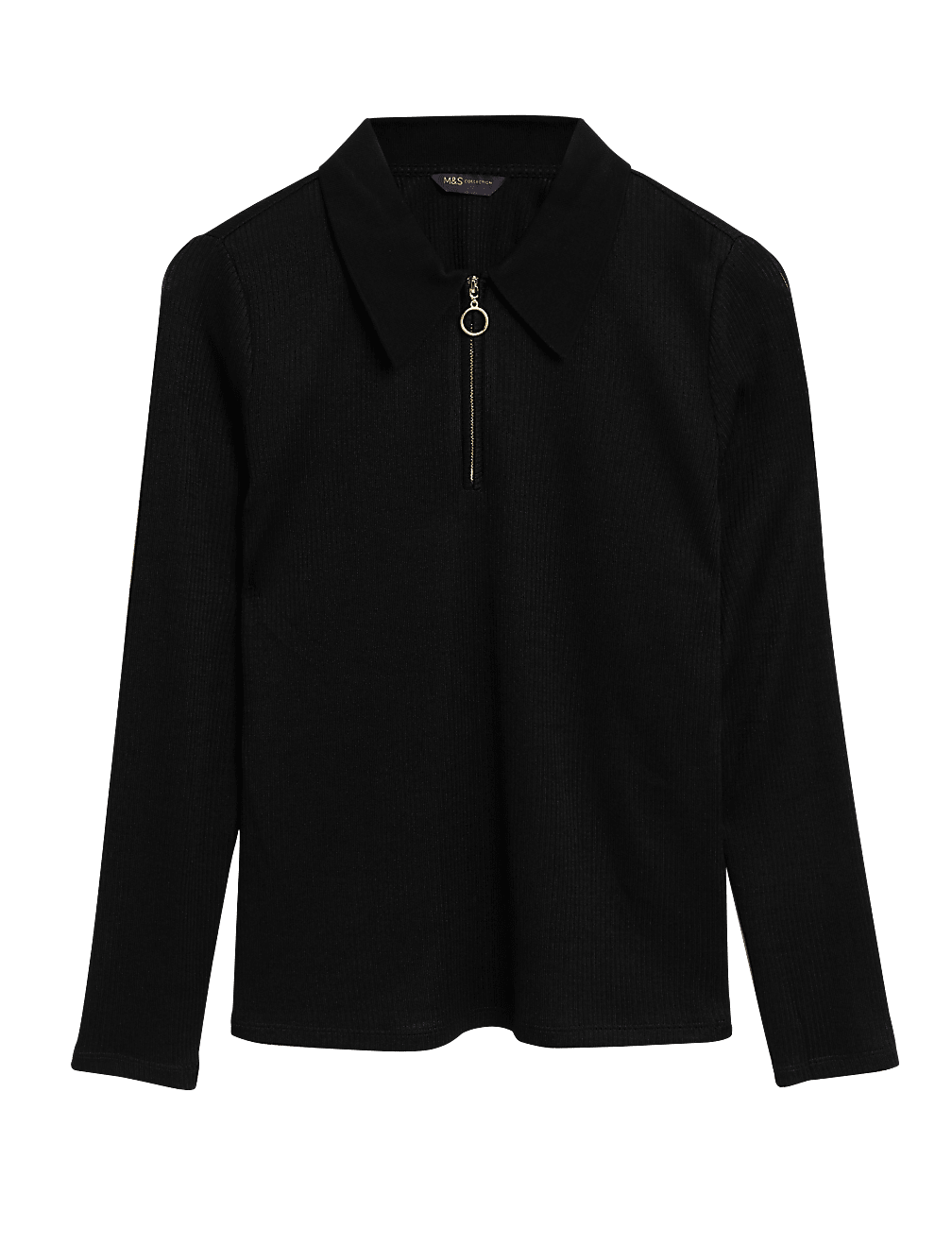 Ribbed Collared Fitted Long Sleeve Top