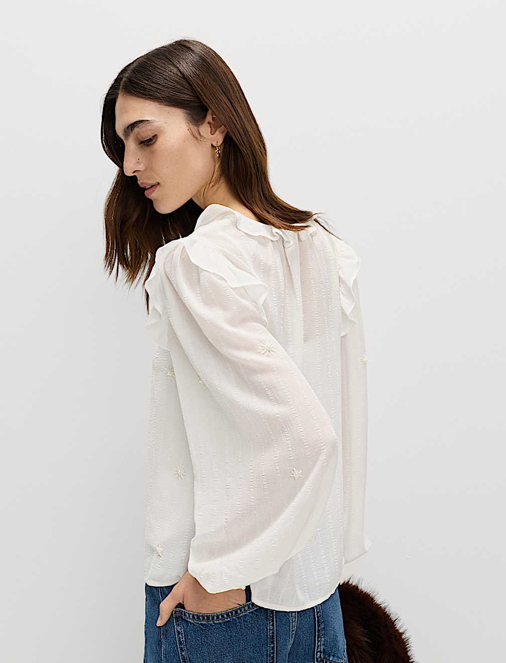 Embellished V-Neck Ruffle Long Sleeve Blouse