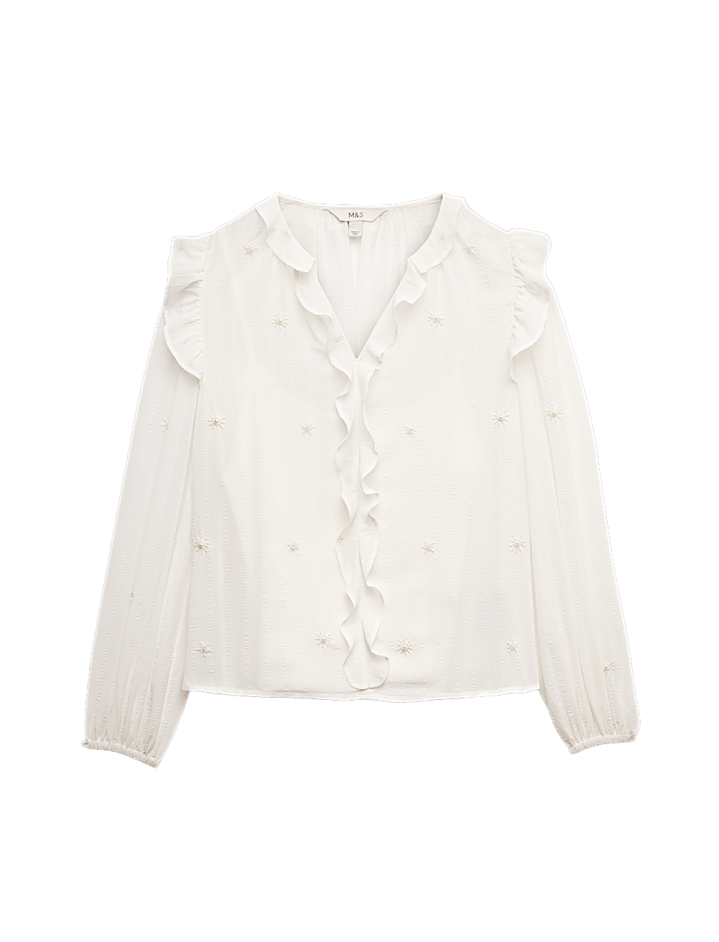 Embellished V-Neck Ruffle Long Sleeve Blouse