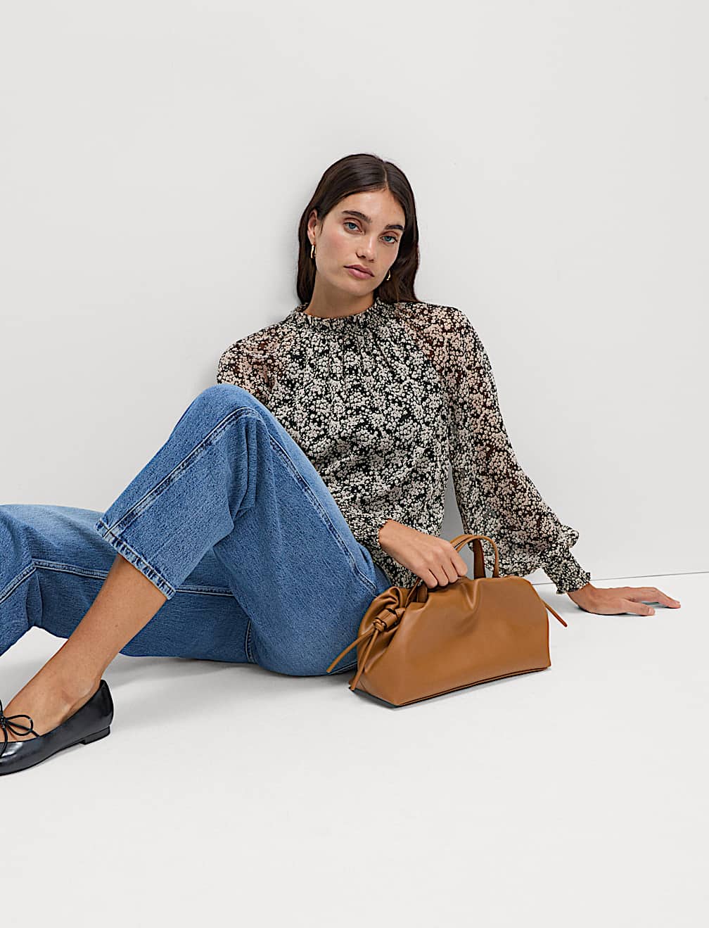 Sheer Floral Printed Long Blouson Sleeve Blouse