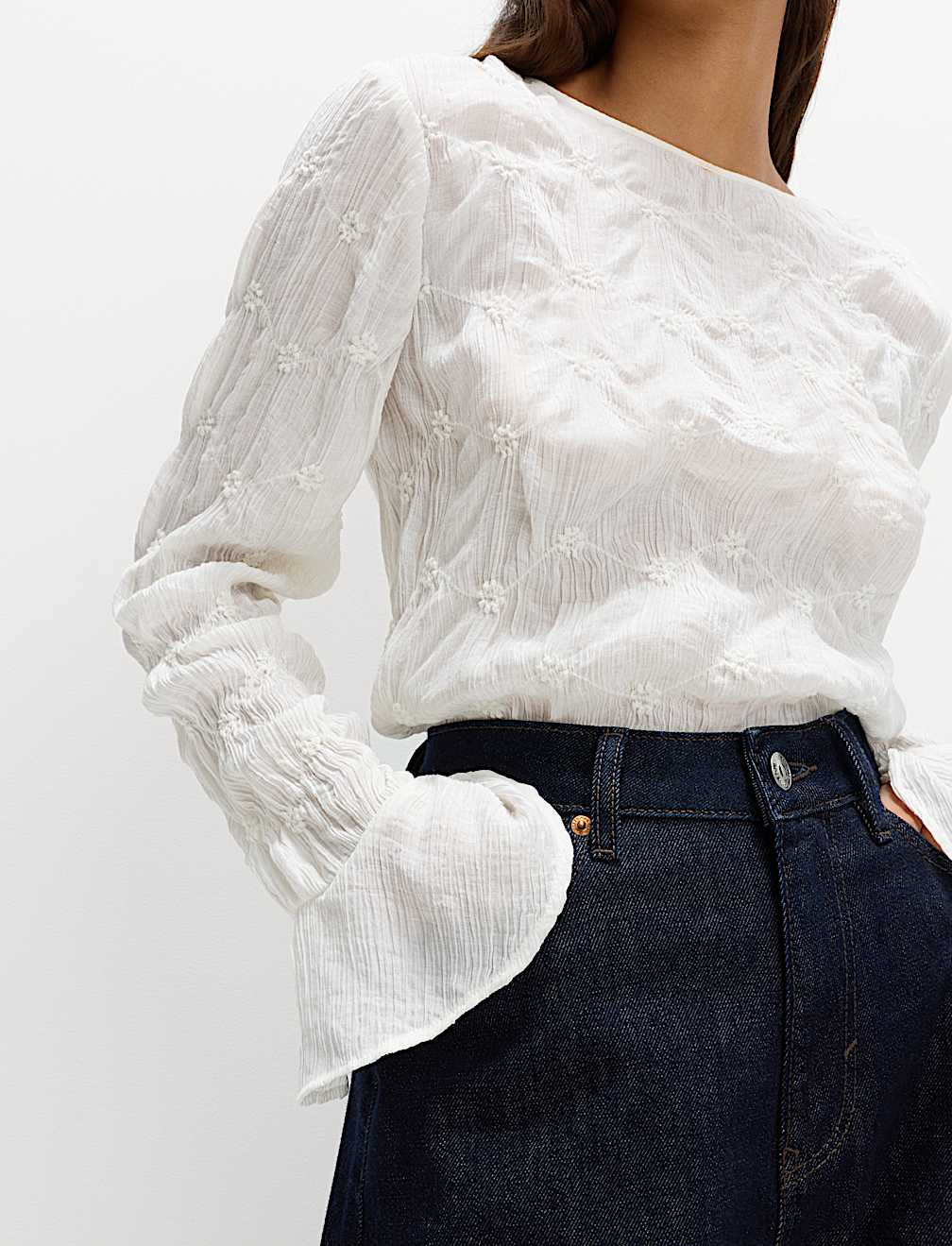 Lace Textured Crew Neck Blouse