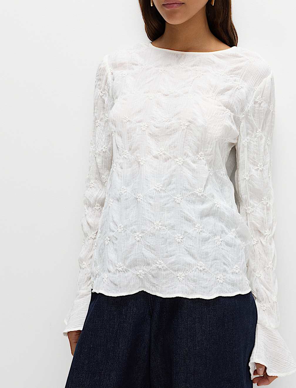 Lace Textured Crew Neck Blouse