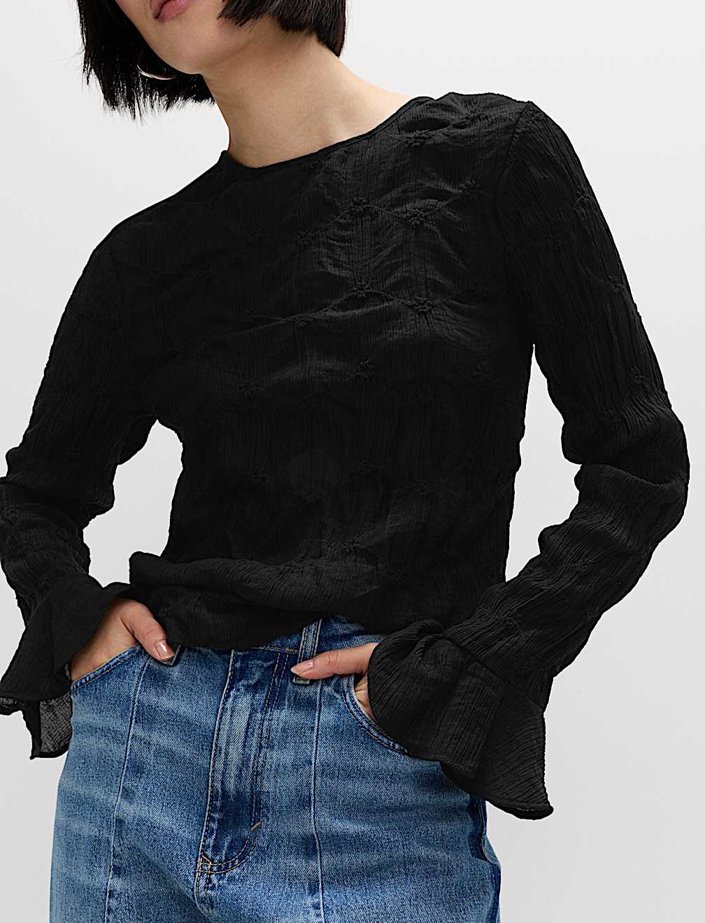 Lace Textured Crew Neck Blouse